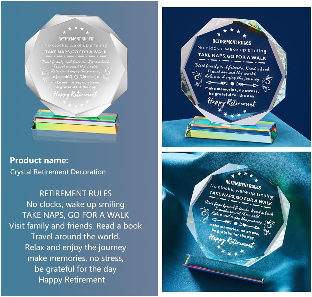 Retirement Decorations Inspirational Gifts for Men Women, 4.7Inch Retirement Rules Glass Plaque Party Decor for Coworkers, Boss, Employee, Teacher, Nurse, Woman, Man