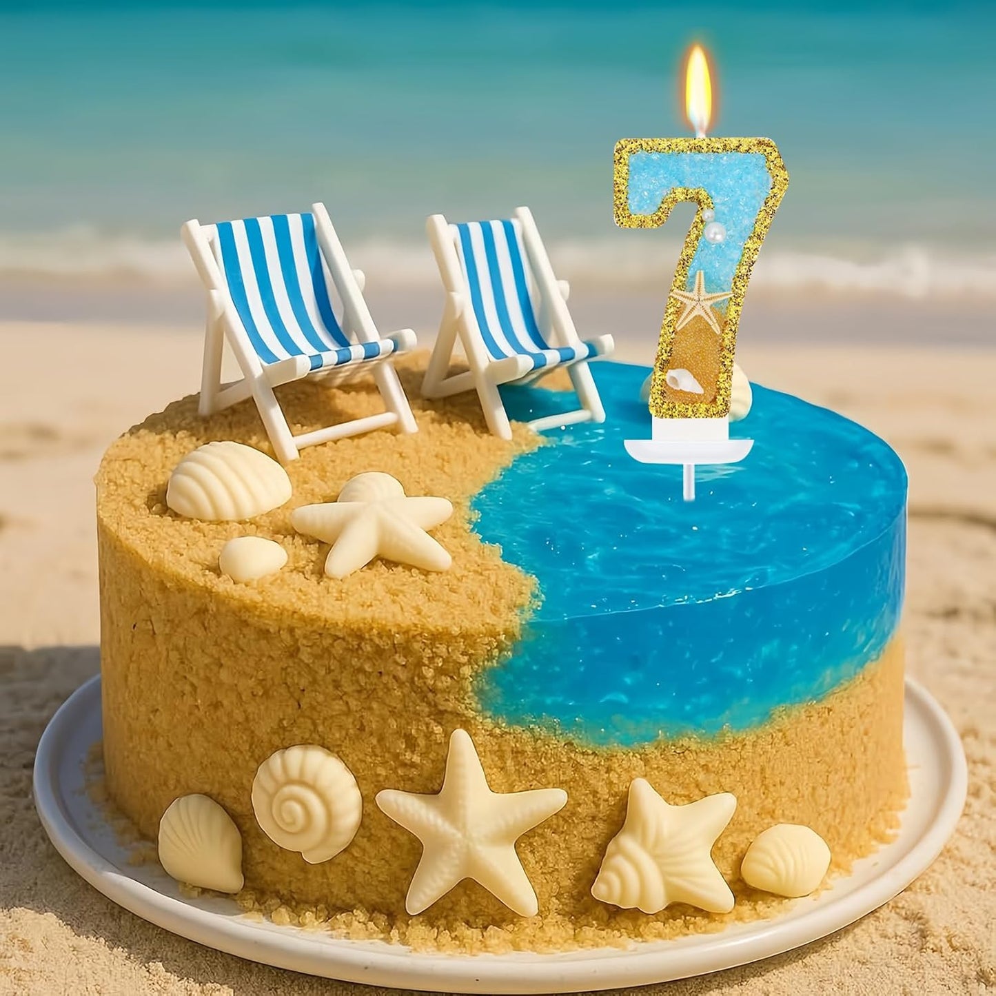 Ocean Number 7 Candle, Glitter Gold Beach Starfish Cake Topper, Tropical Ocean Princess Birthday Decorations for Party Supplies Wedding Anniversaries