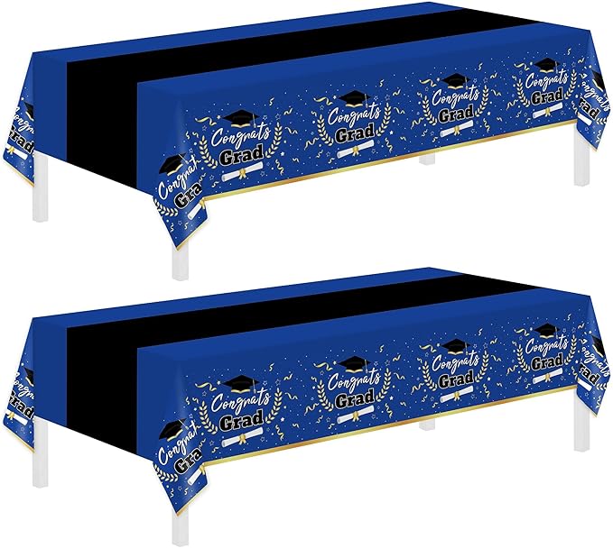 Childom 2 Pack Graduation Tablecloth,Graduation Decorations Class of 2026 Graduation Party Decorations,54"x108" Blue and Gold Plastic Table Cloth Disposable Rectangle for Home,School,Party Supplies