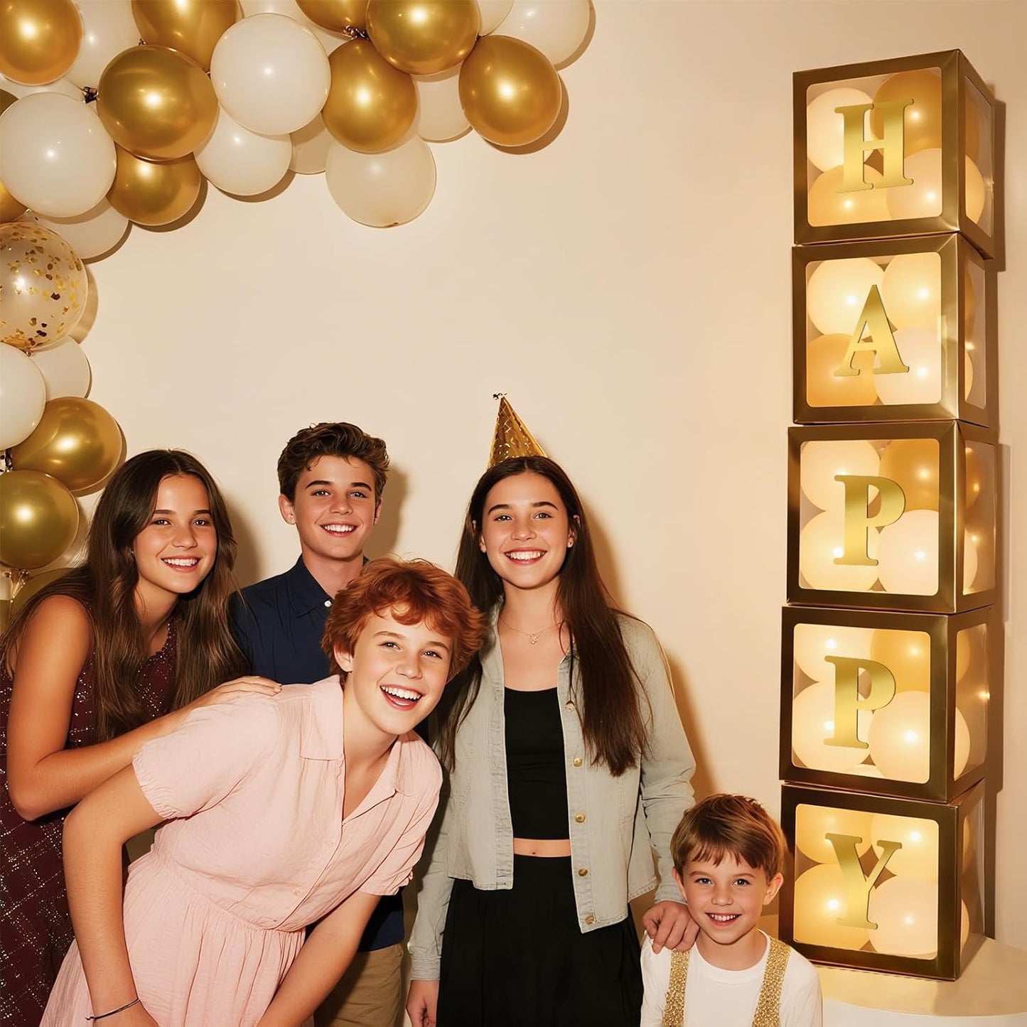 Ledido Transparent Balloon Boxes, Clear Balloon Boxes with 6 Pcs String Lights and 78 Letters for Baby Shower Gender Reveal Birthday Party Anniversary Bridal Wedding Grad Decor - 6 Gold Boxes