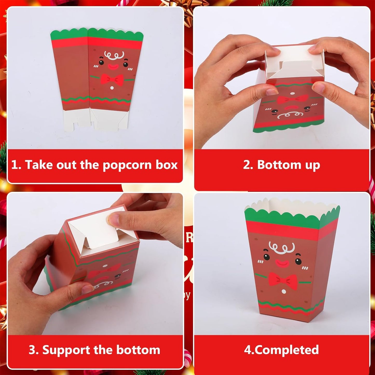 DECYOOL 24 Pcs Christmas Popcorn Boxes, Mini Christmas Popcorn Boxes Snowman Reindeer Santa Or Treating Candy Cookie Treat Box for Christmas Theme Birthday Party (4 Styles)
