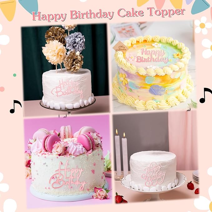 6 Pcs Rose Gold Happy Birthday Cake Topper Side Mirror Acrylic Cake Topper Happy Birthday Cake Sign Decorations Rose Gold Cake Inserts Cake Decor Supplies Cupcake Toppers for Birthday Party Cake