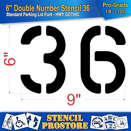 Pavement, Curb, and WheelStop Stencils - 6 inch Double Number Stencil - (36) - 6" x 9" x 1/8" (128 mil) - Pro-Grade