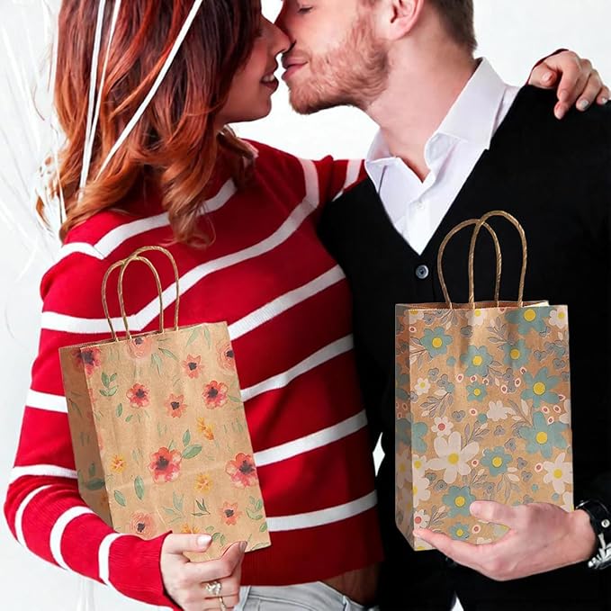 24pcs Floral Pattern Kraft Paper Bag Gift Bags with Handles for Party Favors, Mothers Day, Weddings, Birthday Celebration, Baby Shower,8.26×5.9×3.14inch
