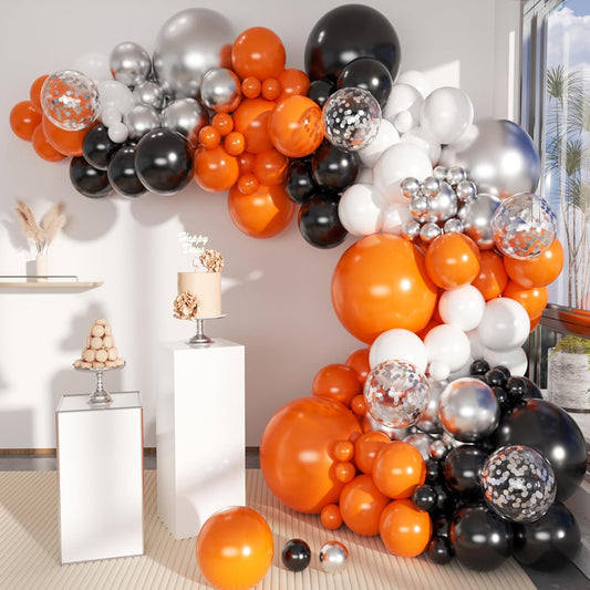 Orange Black White and Metallic Silver Balloons Garland Arch Kit, 146 Pcs Latex Balloons with Confetti for Birthday Party Graduation Father's Day Anniversary Bachelorette Party Decoration