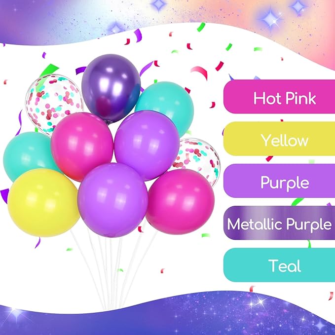 60pcs 12inch Pink Purple Blue Balloons, Hot Pink Yellow Metallic Purple Teal Confetti Balloons for Theme Engagement Baby Shower Birthday Party Decorations