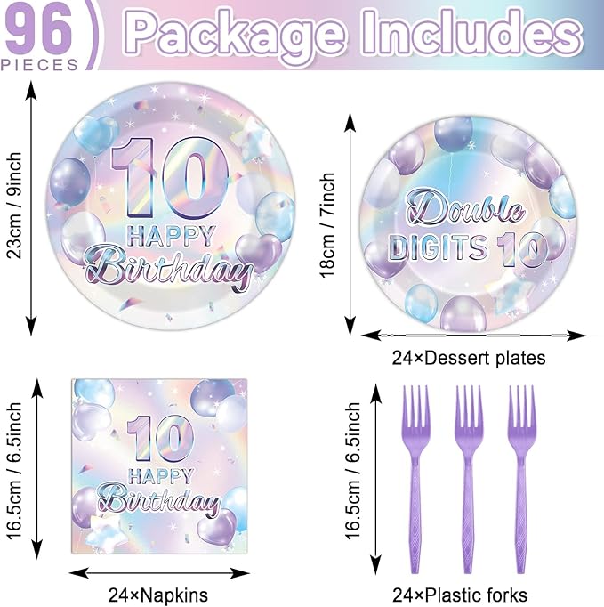 96Pcs Iridescent 10th Birthday Paper Plates and Napkins for Double Digits Party Dessert Cake Plates Disposable Decor 10 Years Old Parties Set for Kids Girls Boys 10-Year-Old Birthday Decorations