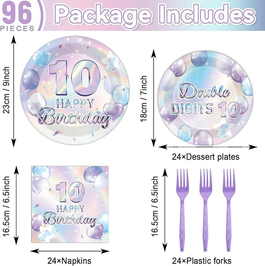 96Pcs Iridescent 10th Birthday Paper Plates and Napkins for Double Digits Party Dessert Cake Plates Disposable Decor 10 Years Old Parties Set for Kids Girls Boys 10-Year-Old Birthday Decorations