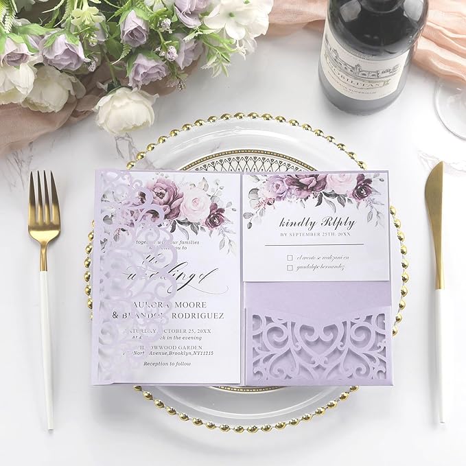Wedding Invitations with Envelopes and RSVP Cards 50PCS Purple Laser Cut Invitation with Blank Cards and Envelopes Seals RSVP for Wedding Birthday Party Girl Baby Bridal Shower
