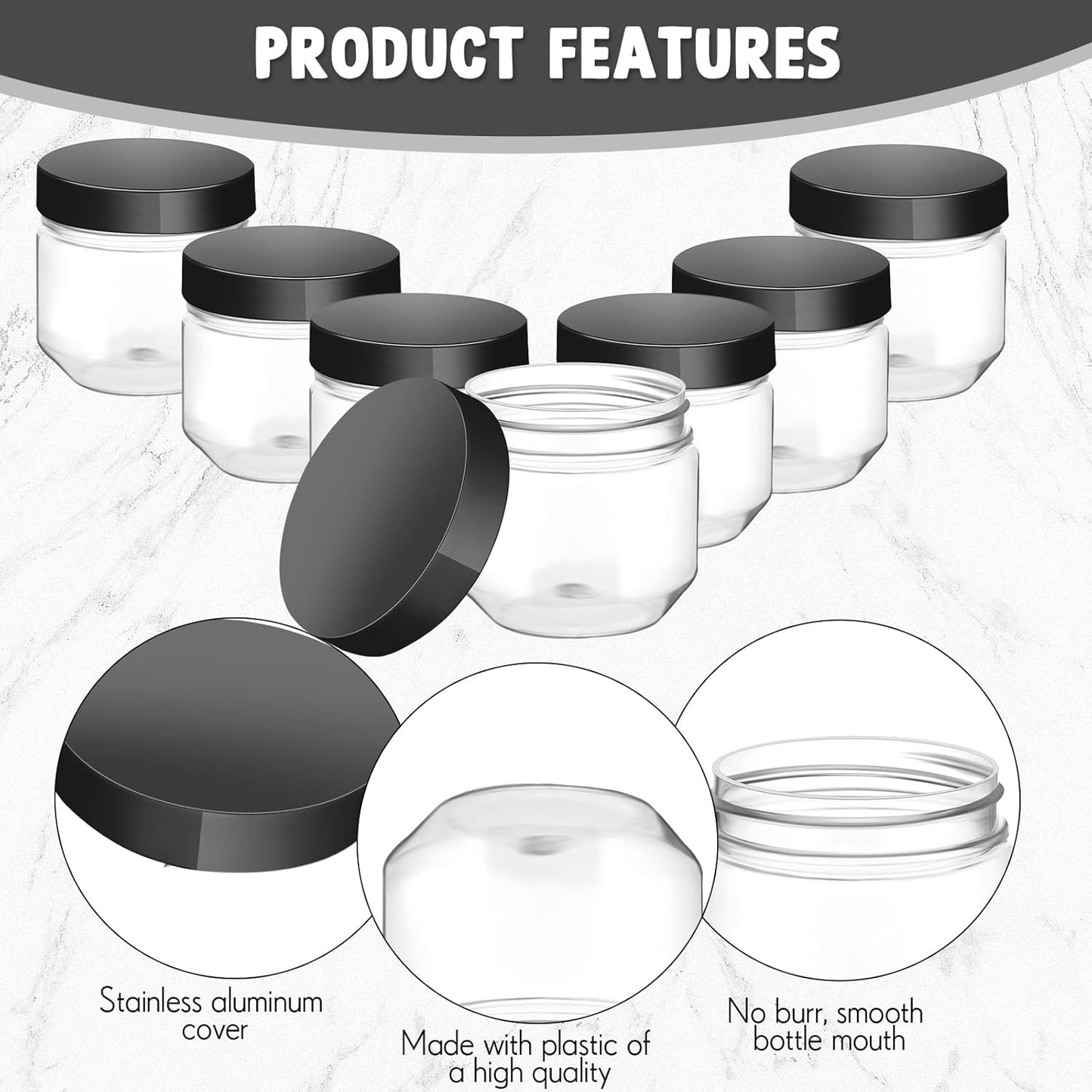 Tanlade 60 Pcs 3 oz Clear Plastic Jars with Lids Wide Mouth Mason Jars Mini Storage Containers Bulk for Herb Jelly Wedding Valentine Favors Shower Party Favors(Sleek Black)