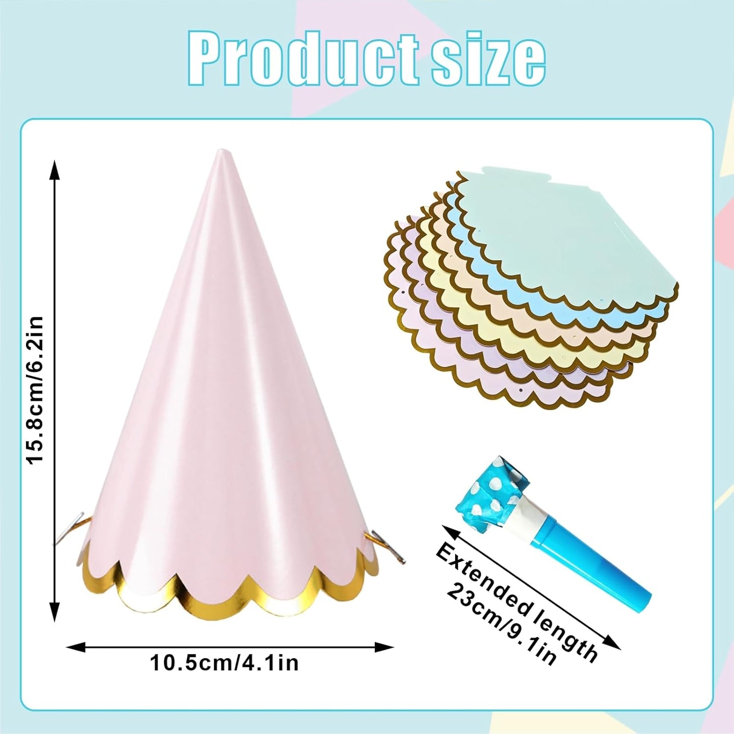 24 Pcs Pastel Birthday Party Hats with 24 Colorful Noise Makers Party Headwear for Birthday for Party Decorations Bridal Shower Supplies