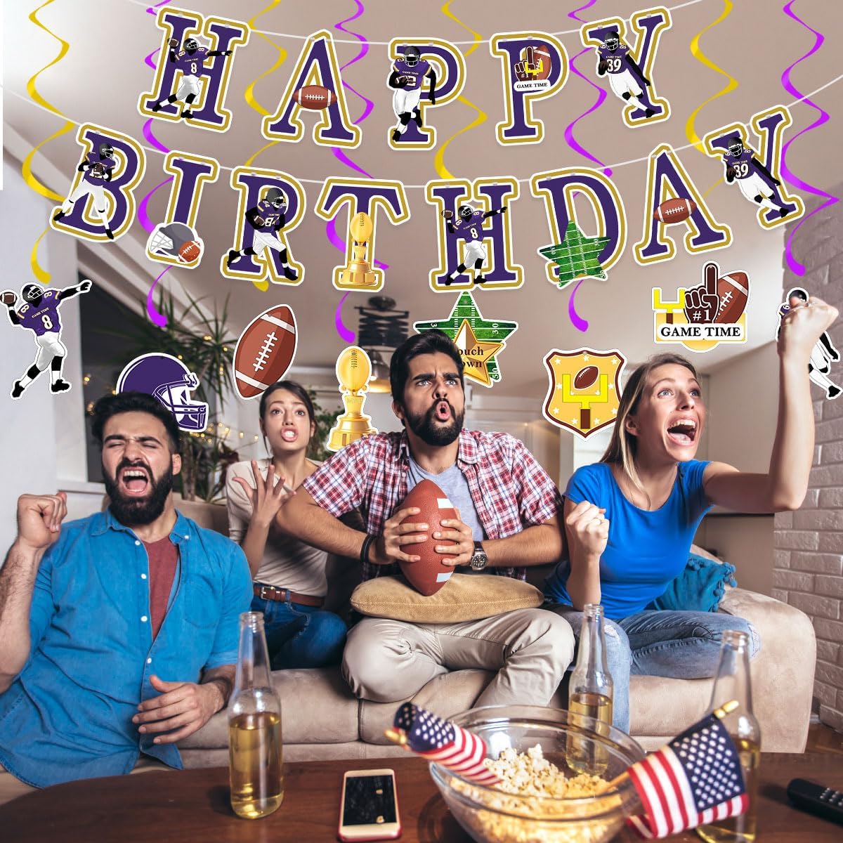 Football Birthday Party Decorations Football Birthday Banner with Super Bowl & Themed Party Supplies for Gameday Tailgate Decorations (Pre-Strung)