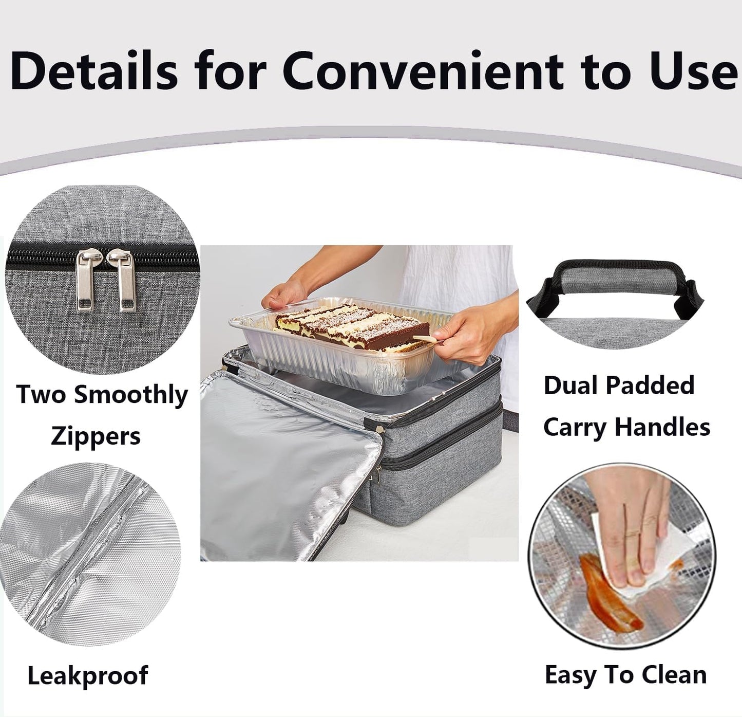 Insulated Casserole Carrier Bag - Double Decker Portable Lunch Transport Tote Bag Fits 9"x13" Lasagna Baking Dish to Keep Food Hot/Cold for Gathering/Potluck Parties/Cookouts/Picnics -Gray