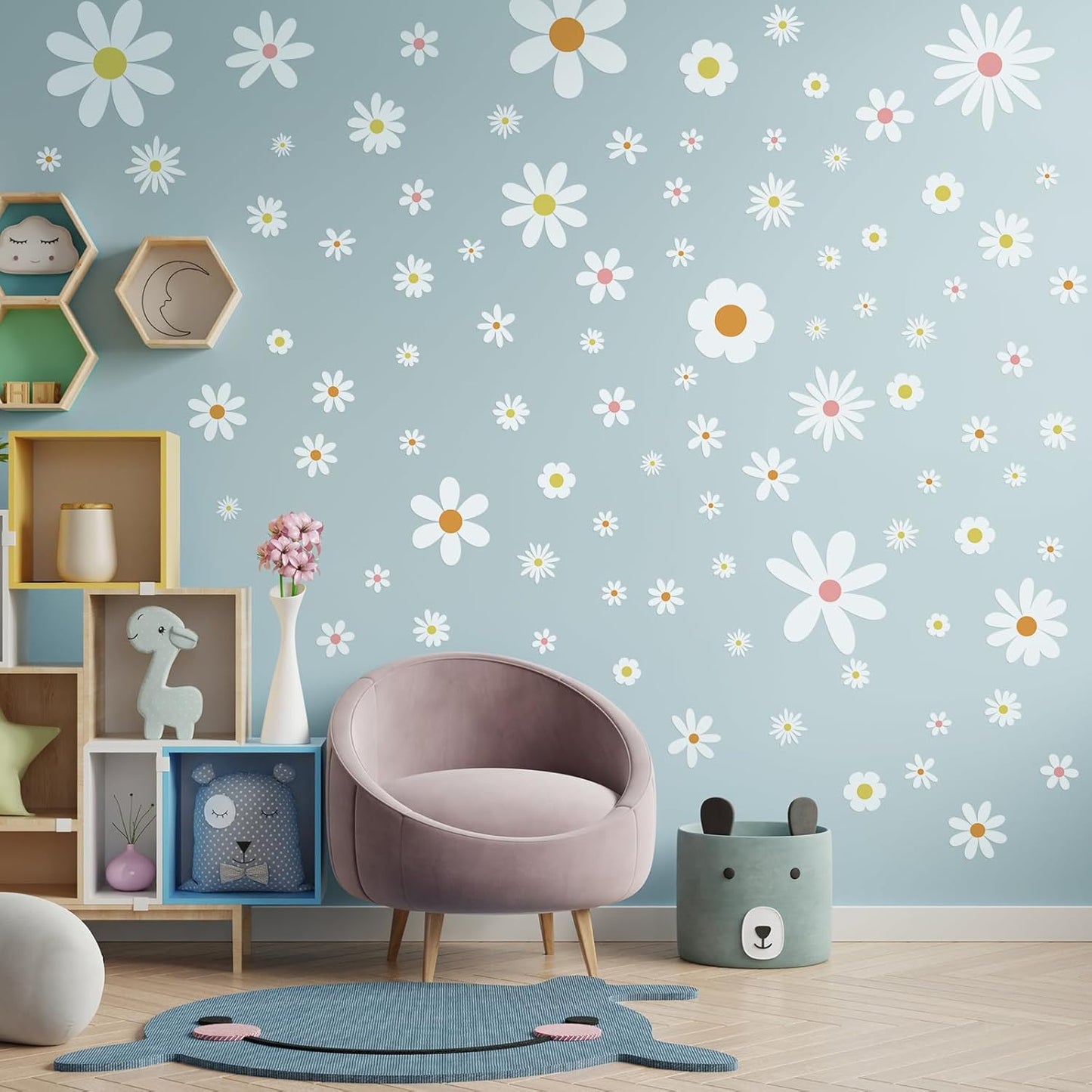 Kisston 90 Pcs Daisy Wall Decal Alphabet Vinyl Wall Decals Boho Decal Daisy Stickers Boho Groovy Floral Stickers for Nursery Art Bedroom Classroom(White)