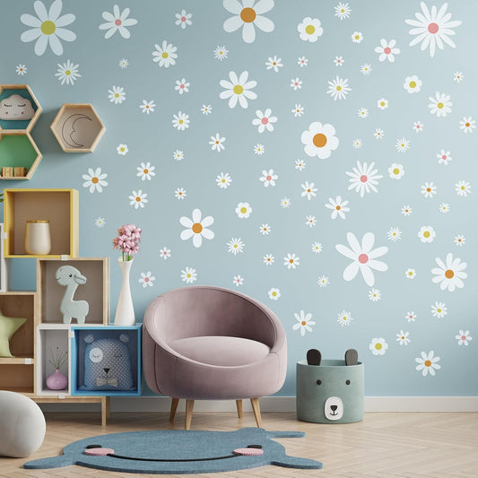 Kisston 90 Pcs Daisy Wall Decal Alphabet Vinyl Wall Decals Boho Decal Daisy Stickers Boho Groovy Floral Stickers for Nursery Art Bedroom Classroom(White)