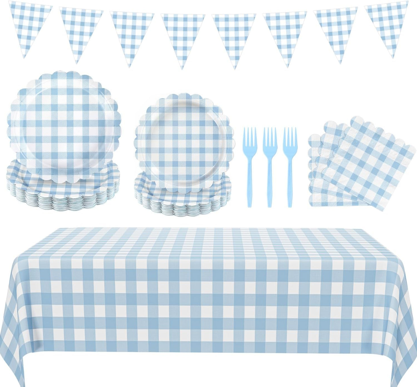 102 PCS Light Blue Gingham Party Supplies - Scalloped Plates, Napkins, Cups, Forks, Banner, Tablecloth for Baby Shower, Wedding, Birthday, Serves 25