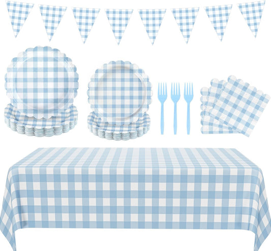 102 PCS Light Blue Gingham Party Supplies - Scalloped Plates, Napkins, Cups, Forks, Banner, Tablecloth for Baby Shower, Wedding, Birthday, Serves 25