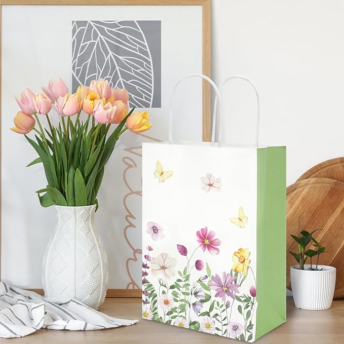 24Pcs Green Wildflower Paper Gift Bags Watercolor Wild Floral Party Favor Bags with Handles Decorative Goodie Candy Treat Bags for Spring Wedding Baby Shower Birthday Party Supplies