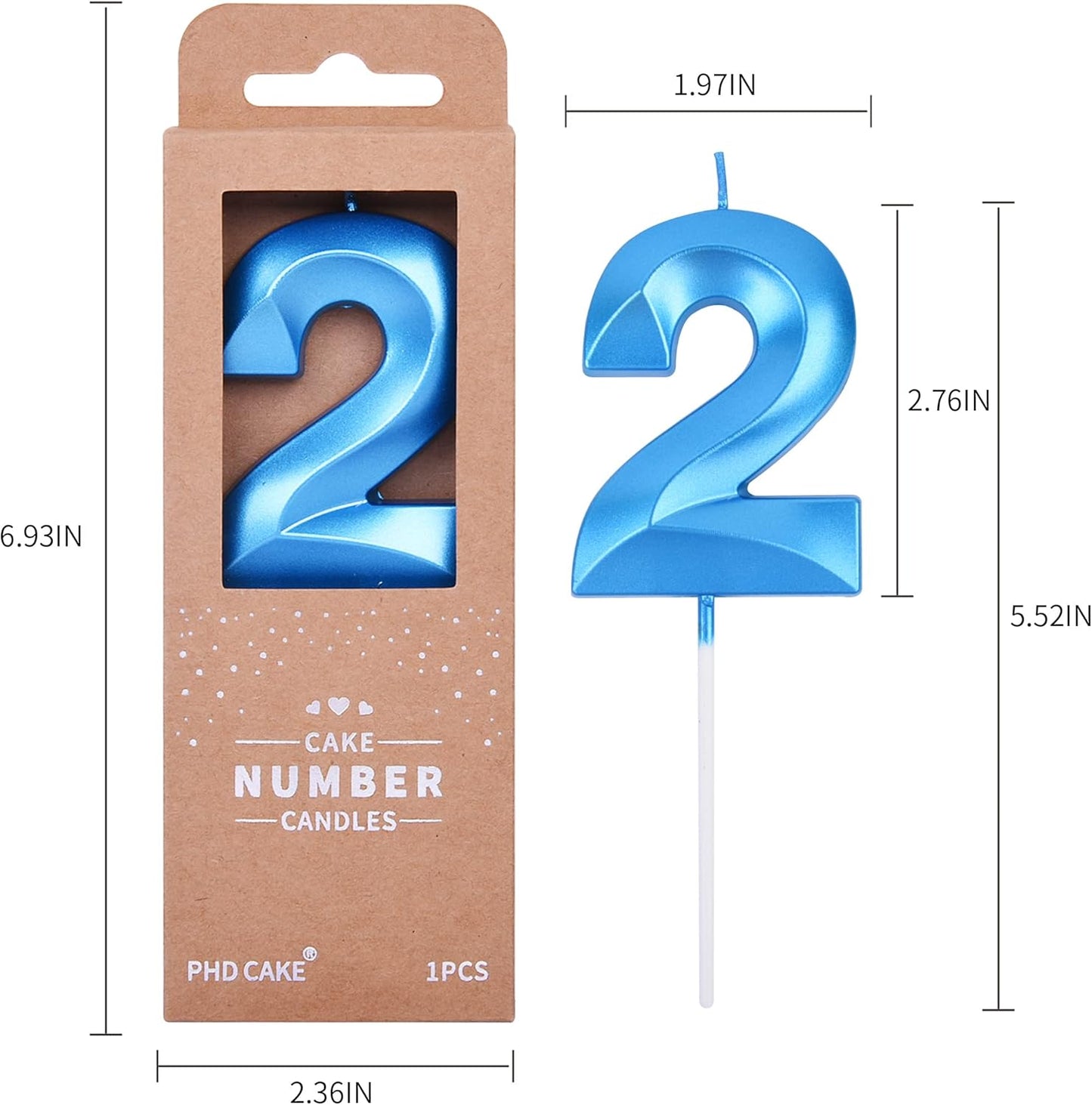 PHD CAKE 2.76 Inch Diamond Blue 2 Number Birthday Candles, Blue Number Candles, Cake Number Candles, Party Celebration