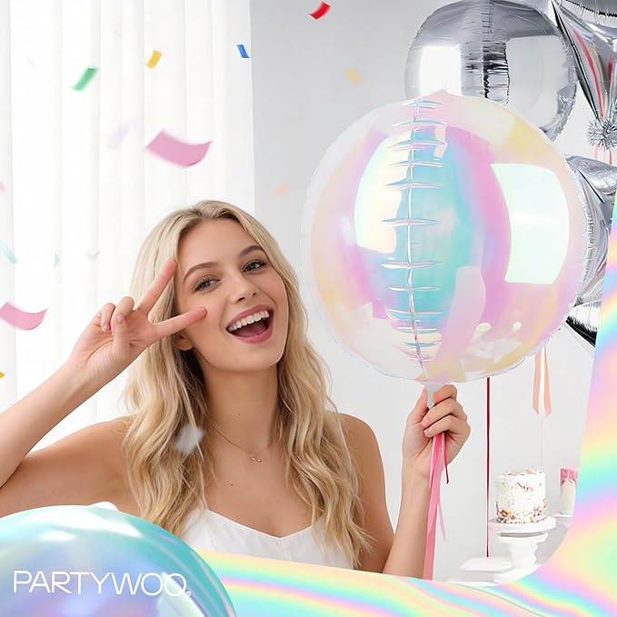 PartyWoo Iridescent Foil Balloons 6pcs 22 Inch Large Round Foil Big Giant 4D Jumbo Inflatable Mirror Ball Mylar Balloons for Wedding Anniversary Birthday Baby Shower Disco Party Decorations