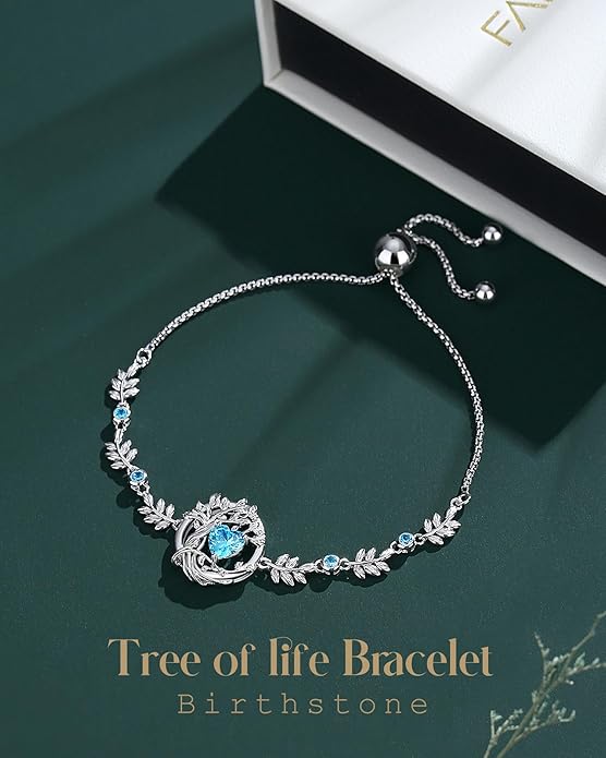 FANCIME Valentines Day Gift Tree of life Birthstone Bracelet for Women Sterling Silver Tree Jewelry Birthstone Charm Bracelet Gemstone Anniversary Birthday Gifts for Wife Mom Her