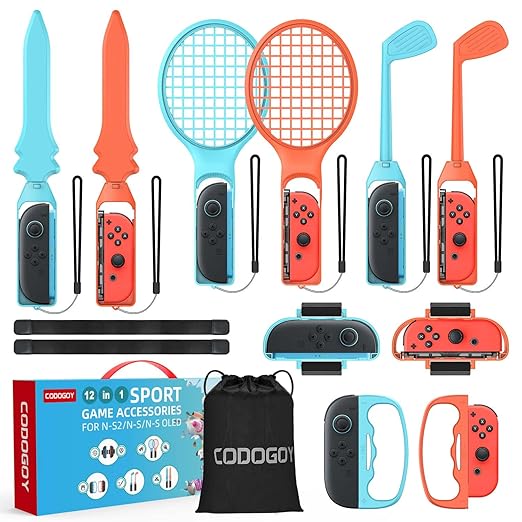 CODOGOY 12-in-1 Switch Sports Accessories Bundle for Switch 1/2/OLED - Complete Family Sports Kit with Storage Bag, Exclusive Bowling Grips & 2 Player Support for Nintendo Switch Sports Games,Switch 1/2 Compatible