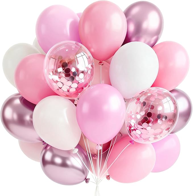 PartyWoo Pink and White Balloons 65pcs 12 Inch Light Pastel Baby Metallic Pearl Pink Matte White Confetti Balloons for Gender Reveal Wedding Bridal Girl Baby Shower Princess Birthday Party Decorations