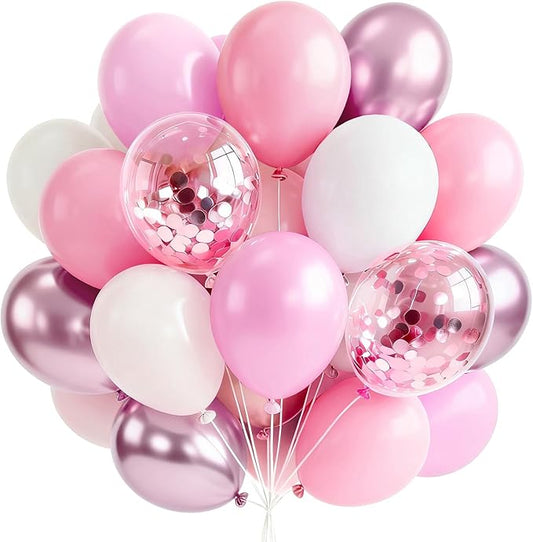PartyWoo Pink and White Balloons 65pcs 12 Inch Light Pastel Baby Metallic Pearl Pink Matte White Confetti Balloons for Gender Reveal Wedding Bridal Girl Baby Shower Princess Birthday Party Decorations