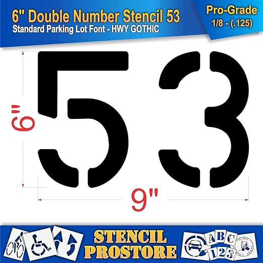 Pavement, Curb, and WheelStop Stencils - 6 inch Double Number Stencil - (53) - 6" x 9" x 1/8" (128 mil) - Pro-Grade