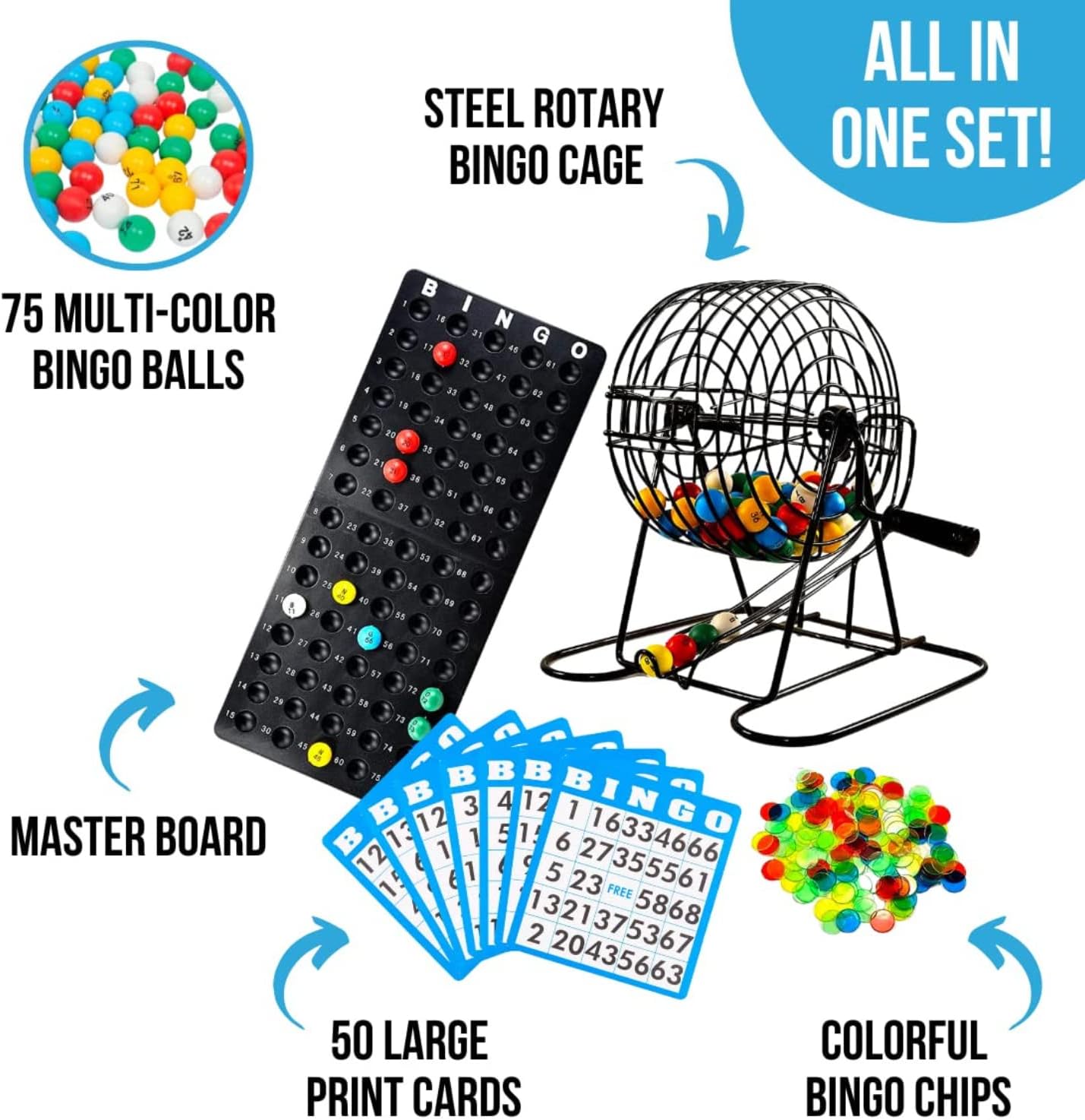 Regal Bingo Deluxe Game Set for Adults and Kids - Includes 8 Inch Wheel Cage, 75 Balls, Master Board, 50 Cards and Colorful Chips - Fun Family Game Night