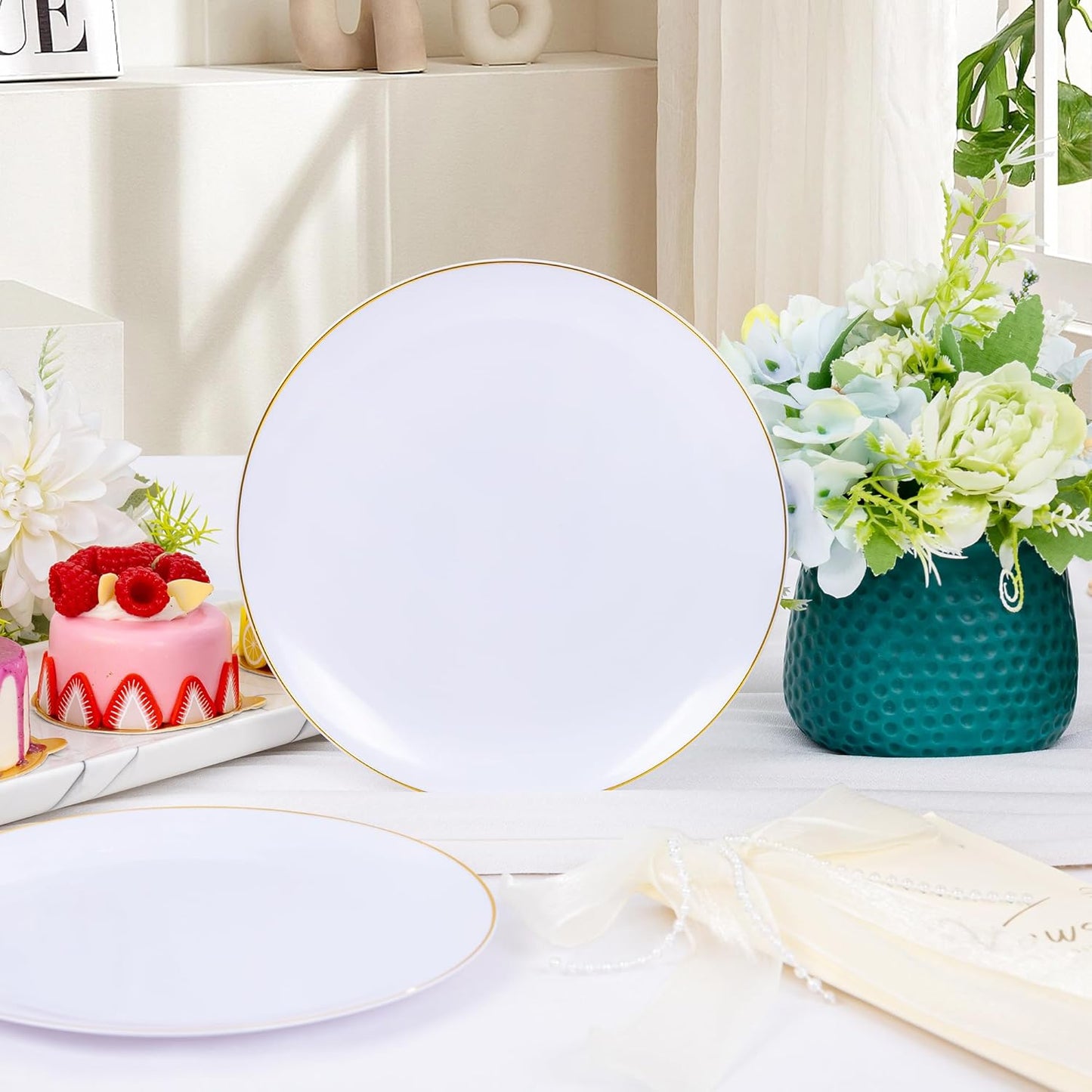 LIYH 96 Pcs White Gold Plastic Plates with Dessert Forks, 48 Plates and 48 Forks, Gold Cake Appetizer Plastic Disposable Plates for Tea Parties, Birthdays & Wedding 48 Guests