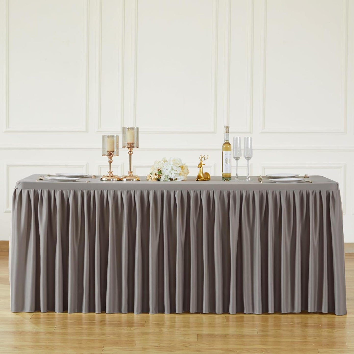 Natural Polyester Table Clothes for 4 Foot Rectangle Tables, Wrinkle Free Fitted Table Cover with Pleated Ruffle Table Skirt for Birthday Party Wedding Trade Show Event Display