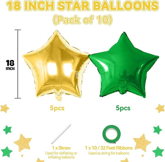 Green and Gold Star Foil Balloon, 10PCS Foil Stars Shape Balloons, 18 Inch Metallic Stars Balloons Helium Pentagram Balloon for Birthday, Graduation, Anniversary, Golf Tractor Jungle Party Decoration