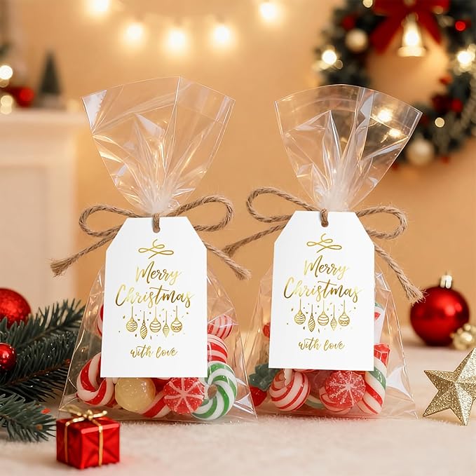 Anwyll Christmas Gift Tags with String - 50Pcs Gold and White Merry Christmas with Love Tags for Gifts Xmas Gift Tag Happy Holidays Hang Paper Label Tag for Present Wrap Goodie Bag Holiday Party Favor
