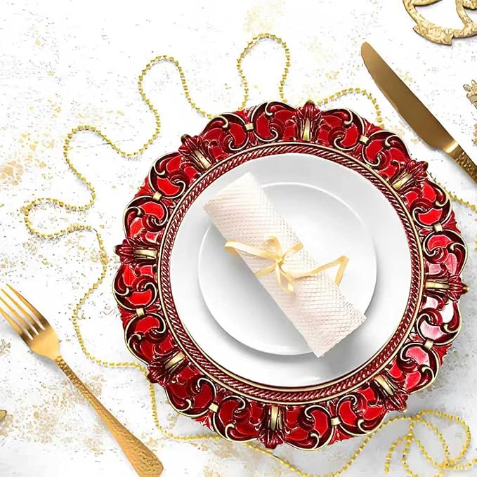 6 Pack Red Charger Plates 13" Round Charger Plates for Dinning Plates with Embossed Rim Plastic Charger for Dinner, Wedding, Elegant Tableware Decor