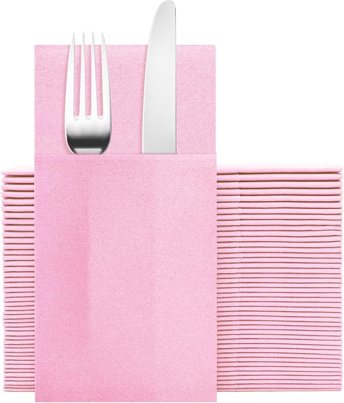 Pink Napkins Hand Towels Disposable, Linen-Feel Dinner Napkins with Prefolded Built-in Flatware Pocket, Guest Paper Hand Towels For Wedding, Dinner Or Party (16x16in, 50Pack）