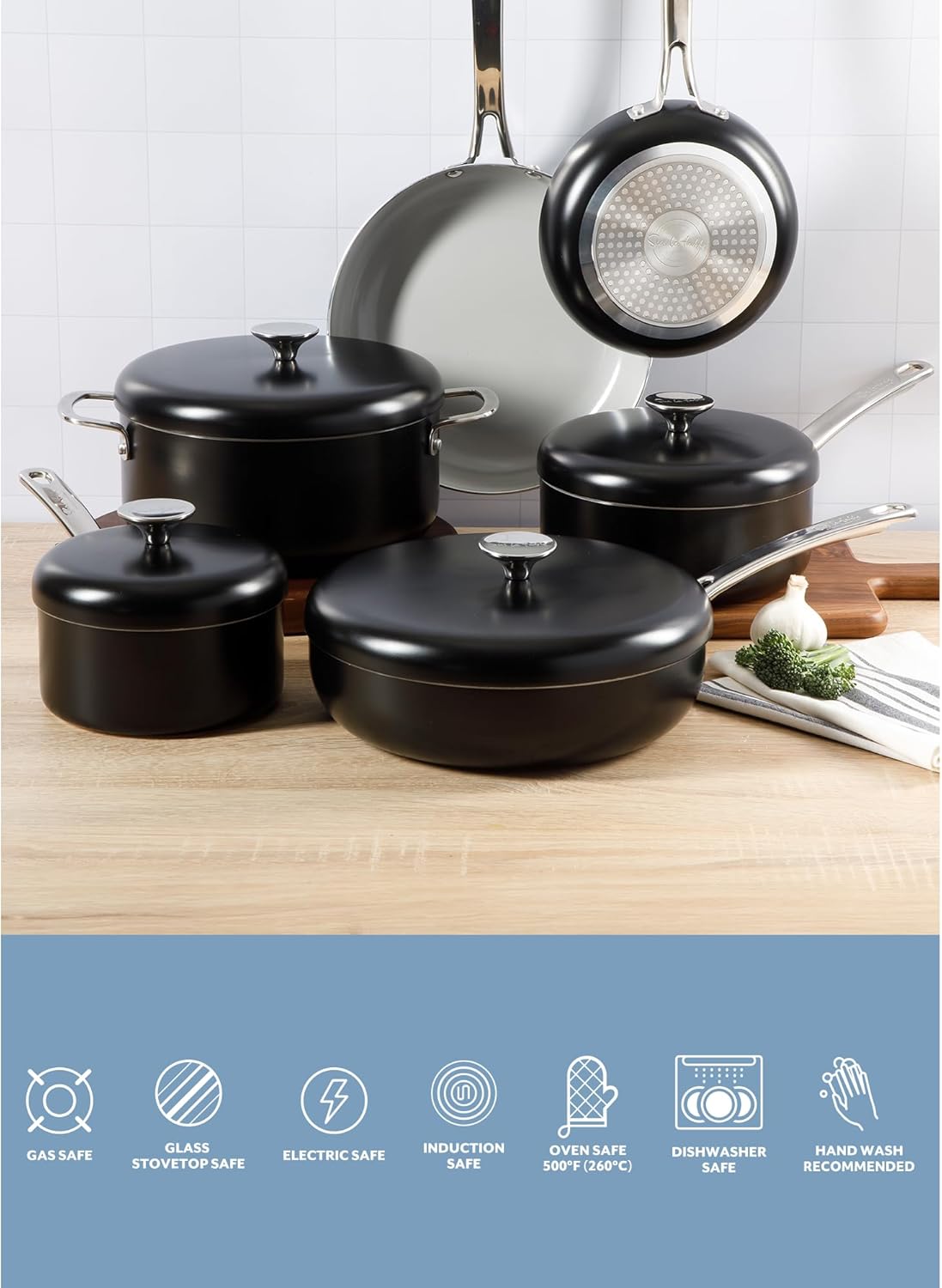 Sur La Table Kitchen Essentials Potluck Porch 10 Piece PFA Free Ceramic Non stick Interior Forged Aluminum Cookware Pots and Pans Set W/Aluminum Lids - Black - Induction Compatible