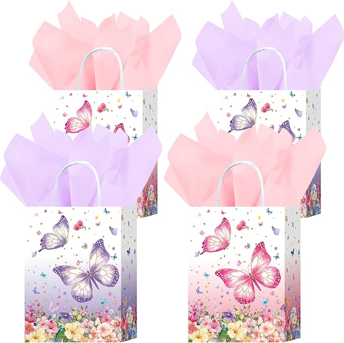 W WINTMING 16 Pcs Butterfly Gift Bags Butterfly Party Favor Bags with Tissue Paper Pink Purple Paper Goodie Bag Birthday Bag for for Wedding, Birthday, Party Supplies and Gift (Flower)