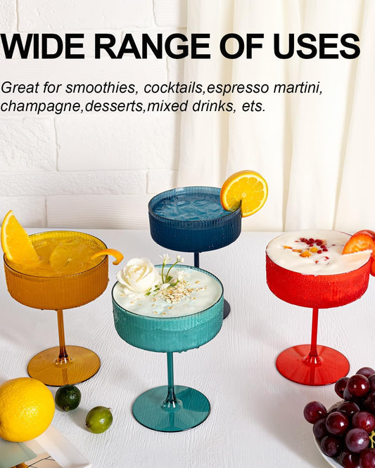 Ciaell 12PCS Plastic Ribbed Martini Glasses - 10 Oz Colored Disposable Coupe Glasses with Stem - Heavy Duty Margarita Cups for Bars, Cocktails, Whiskey, Parties & Wedding