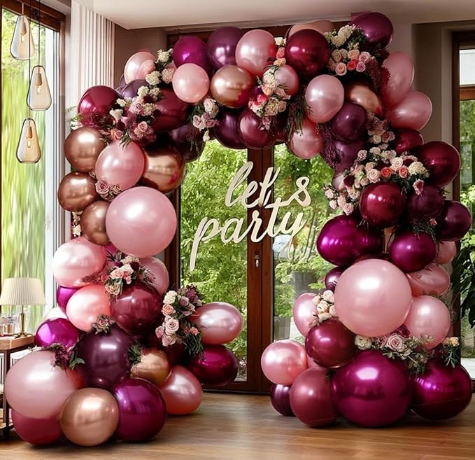 Burgundy Pink Balloon Arch Double Stuffed Dark Ruby Red Pink Plum Gold Balloon Garland Kit Maroon Balloons for Wedding Bridal Shower Birthday Mother's Day Graduation Engagement Anniversary Party Decor