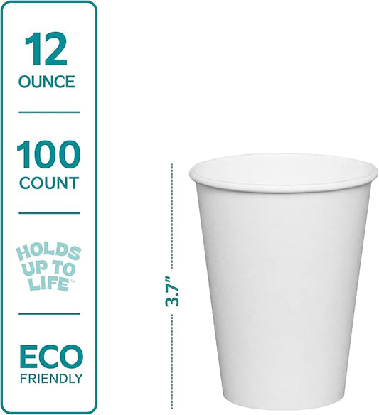 GUSTO White Paper Cups [12 oz - 100 Count] Disposable Coffee Cup for Hot Drinks – Sturdy & Eco-Friendly – Paper Cups for Tea, Cocoa & More – (Formerly Comfy Package)
