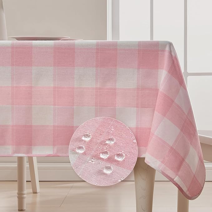 BALCONY & FALCON Gingham Table Cloth Rectangle – Reversible Water-Resistant Cotton Checkered Tablecloth for Outdoor Picnic, Camping, Kitchen, Holiday Party Decor (Pink White, 55x95 Inch)
