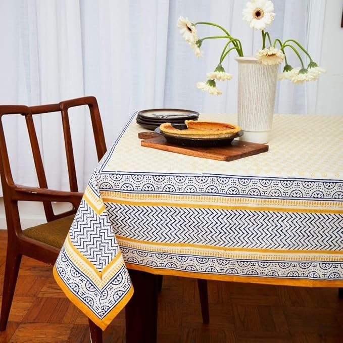 Block Print Cotton Dining Table Cloth, 90" x 60", Rectangle Tablecloth, Decorative Fabric Table Cover, Holidays, Thanksgiving, Christmas, Weddings, Housewarming Gift (Yellow Blue Motif)