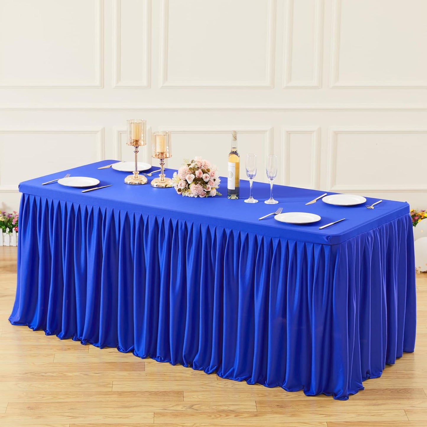 Wish Care Royal Blue Polyester 8FT x 30IN Rectangular Tablecloth with Pleated Ruffle Skirt for 8 Foot Rectangle Tables, Wrinkle Free, Perfect for Birthday Parties, Weddings, Trade Shows