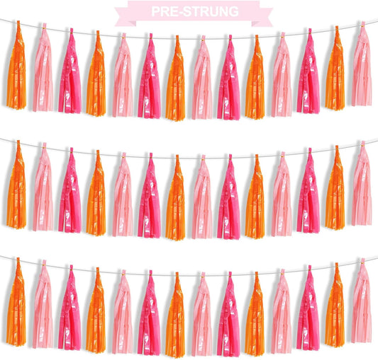 BEISHIDA 3 Packs Hot Pink Orange Metallic Foil Fringe Tassel Garland, Tassels Banner Streamers for Car Floats Bridal/Baby Shower Birthday Wedding Halloween Christmas Holiday Party Decoration