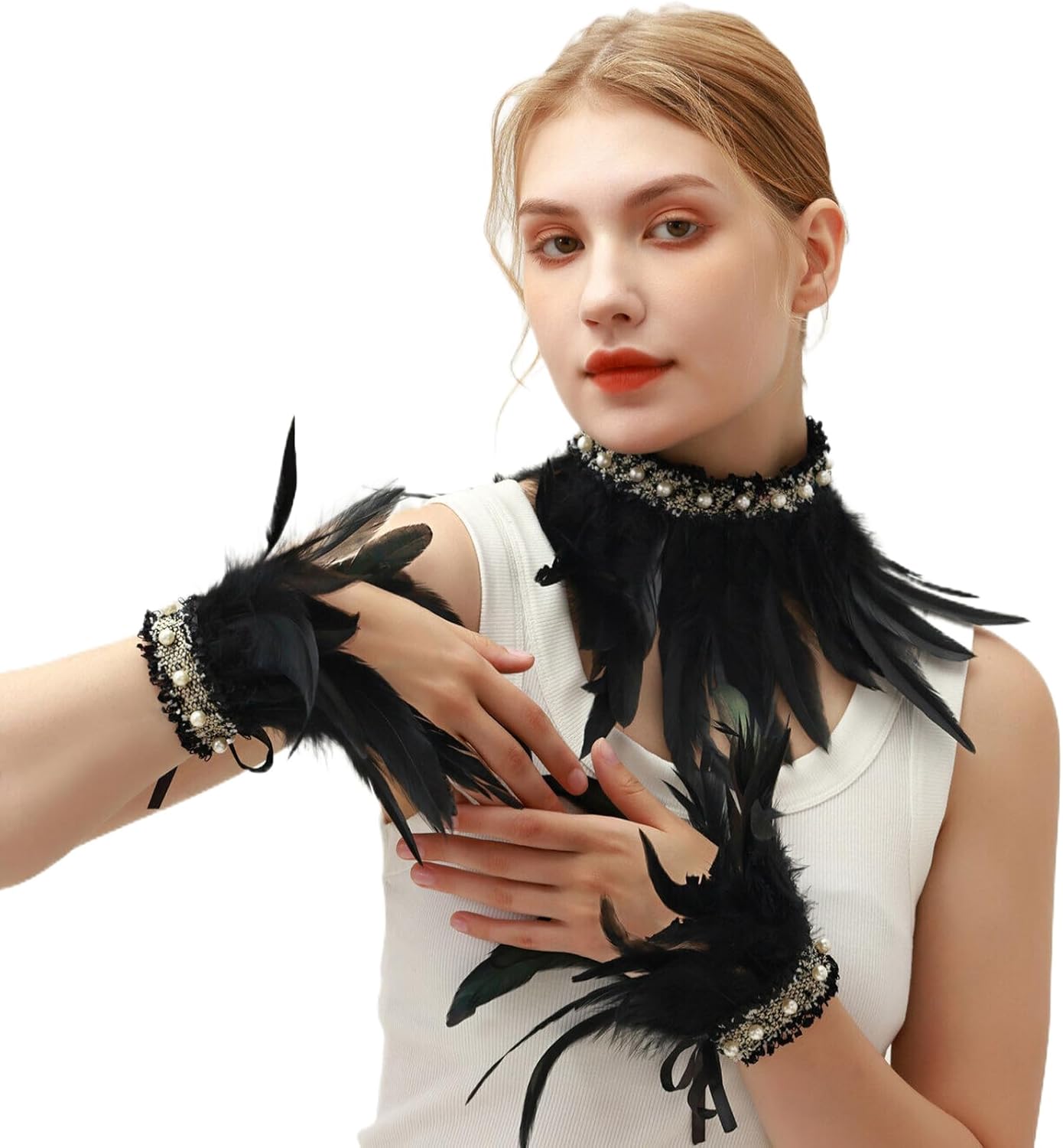Gothic Black Feather Shawl Lace Wrist Cuffs Wing Costume for Carnival,Halloween,Cosplay Party Accessories