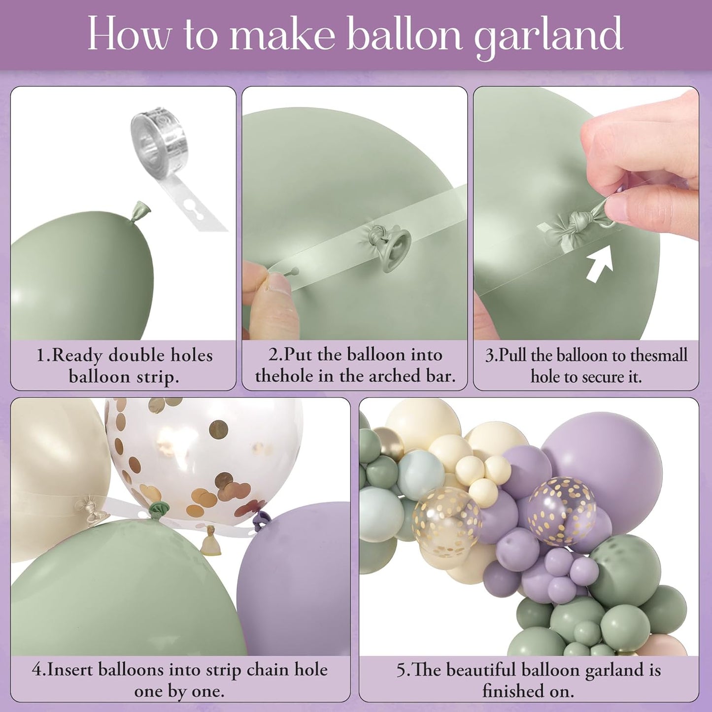 Amandir 173Pcs Dusty Green Purple Pink Balloon Arch Garland Kit, Lavender Pastel Blush Pink Yellow Mist Green Gold Confetti Balloons for Baby Shower Wedding Tea Wildflower Birthday Party Decorations