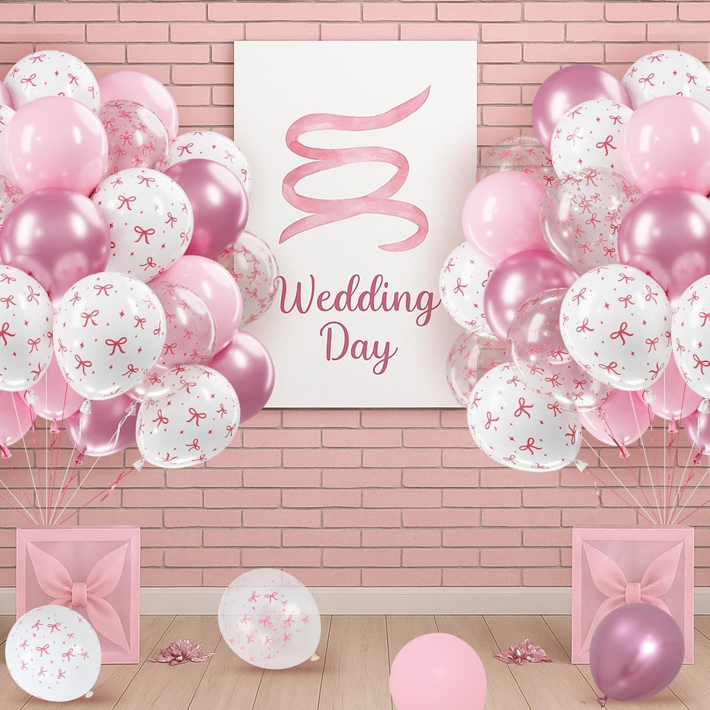 Netnology Pink Bow Balloons, 60Pcs 12 Inch Light Pink Metallic Pink Clear White Bow Balloon for Girls Women Princess Coquette Birthday Baby Shower Bridal Shower Wedding Bachelorette Party Decorations
