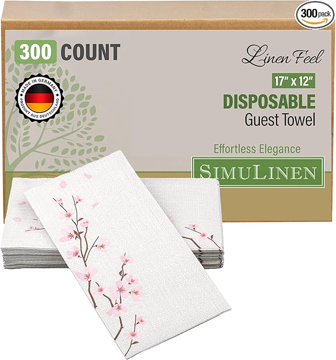 SimuLinen Cherry Blossom Disposable Guest Towels - Cloth-Like, Single-Use, Linen Feel Paper Towels, 12x17", 300ct (Made in Germany)