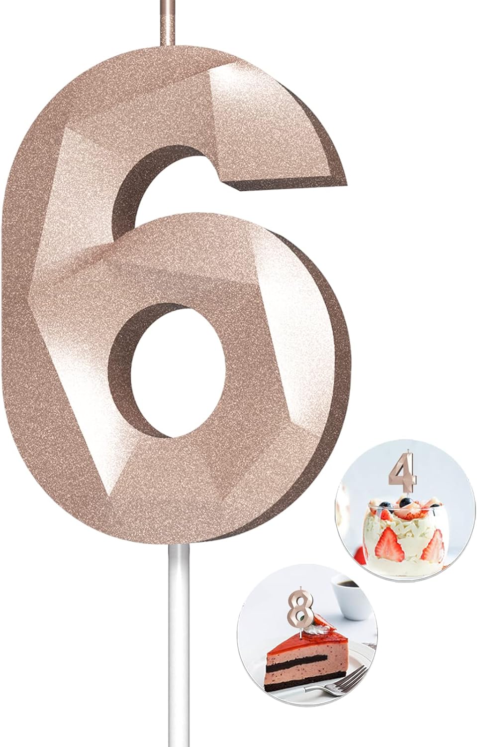 Number Birthday Candles(6 Candle Rose Gold) 3D Diamond Shape Number Happy Birthday Cake Candles for Birthday Party Wedding Decoration Reunions Theme Party
